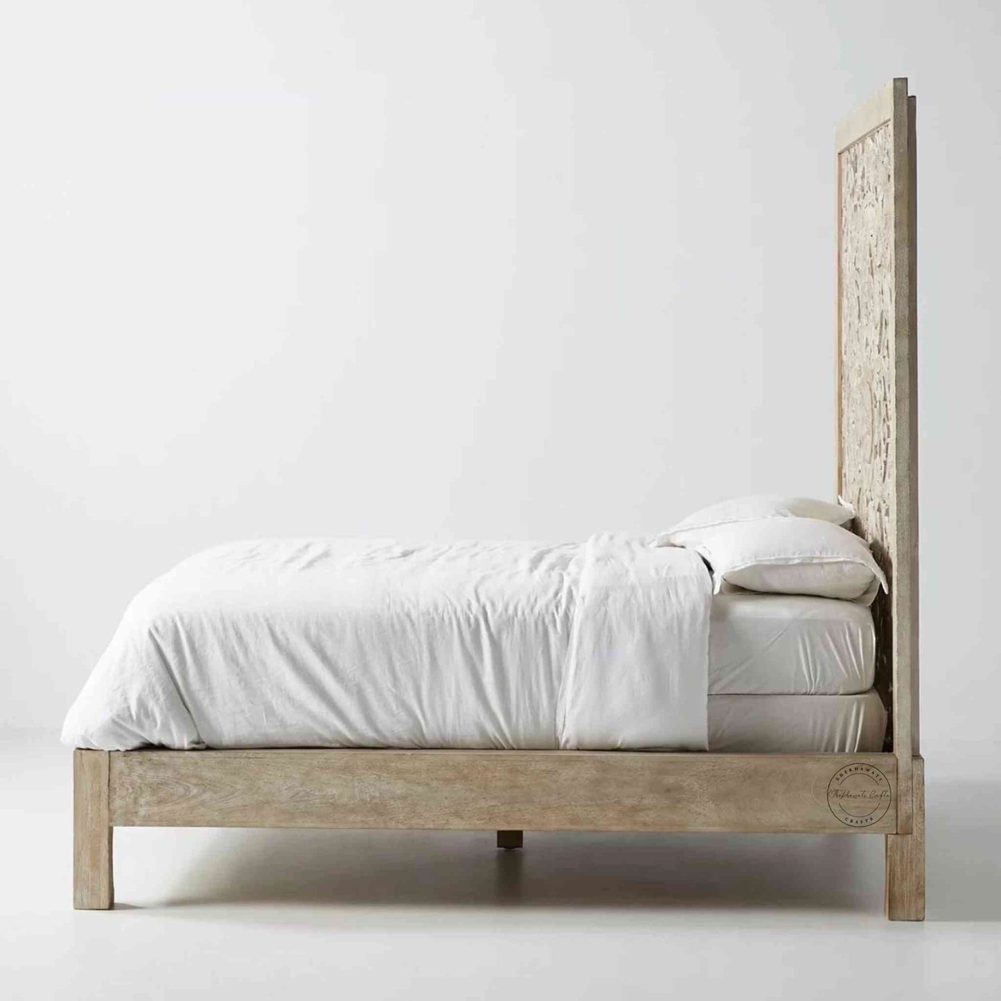 handcrafted Boltan Bed, mango wood, Rajasthani hand-carving, rustic white finish, vintage design, foldable headboard and footboard