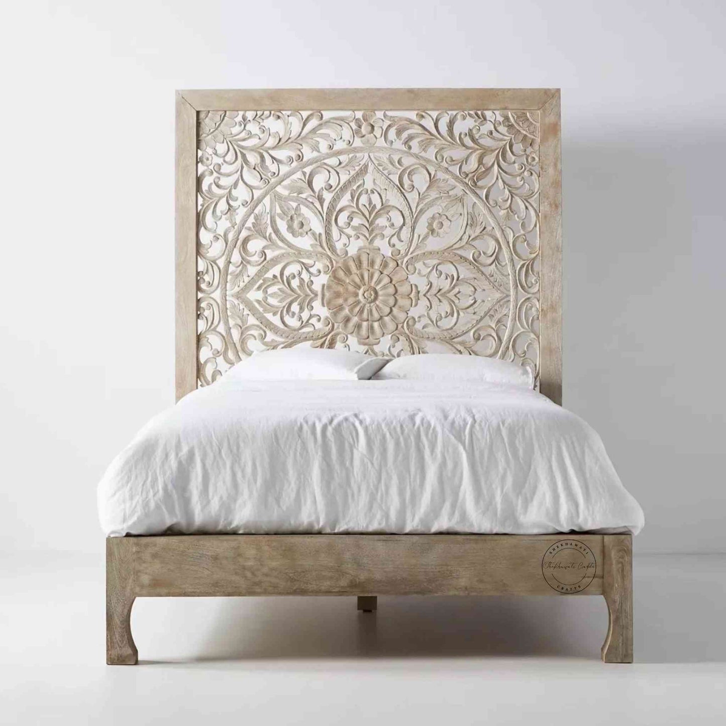 handcrafted Boltan Bed, mango wood, Rajasthani hand-carving, rustic white finish, vintage design, foldable headboard and footboard