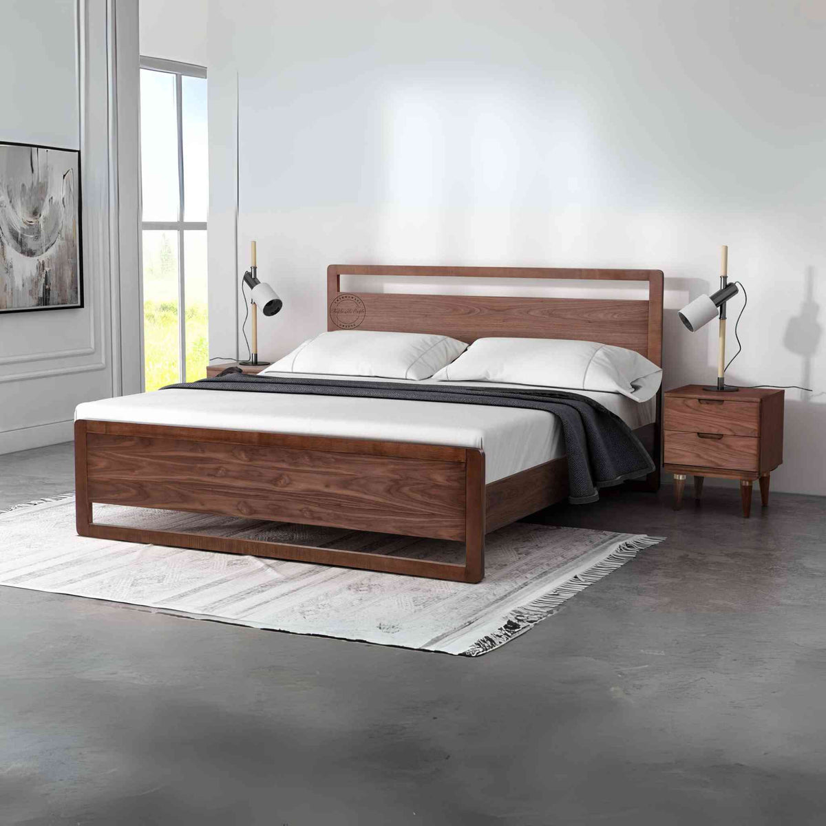 A king-size bed made of Sheesham wood with a headboard and footboard, placed in a bedroom setting with bedside tables.