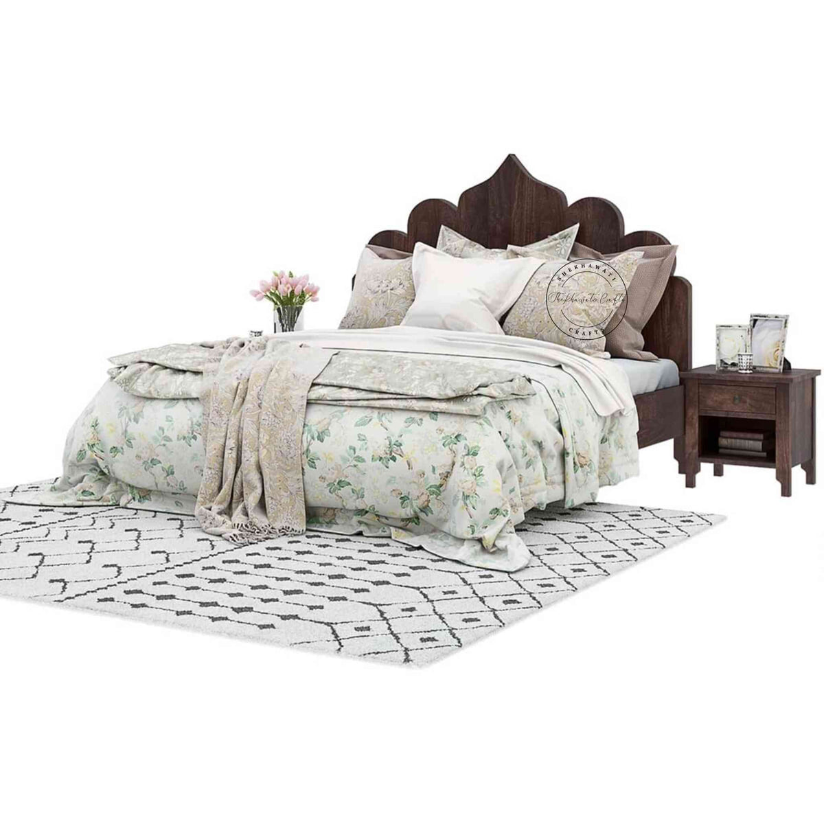 A king size Brassico bed made of Sheesham wood with a walnut finish, featuring a floral bedsheet in a white background.