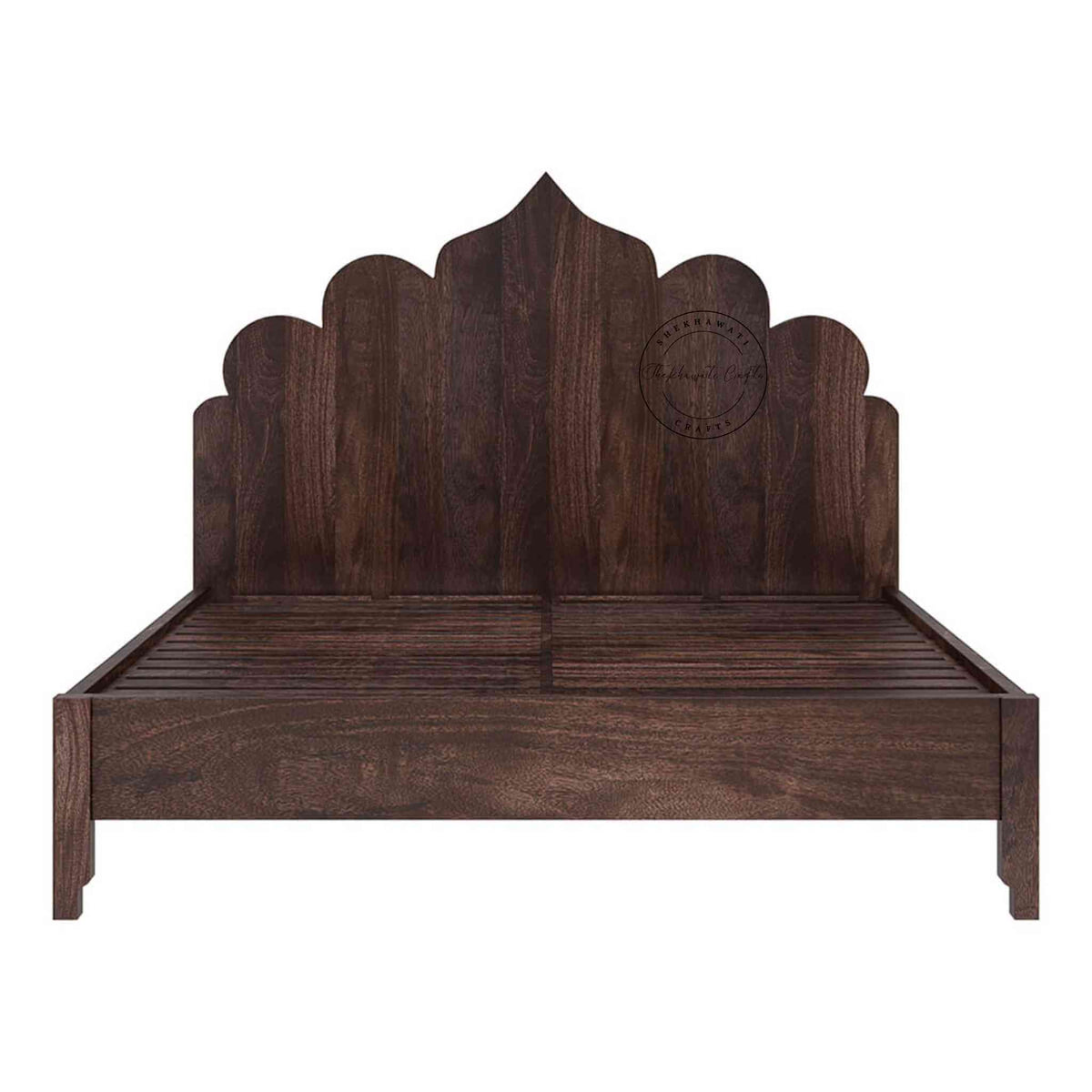 A king size Brassico bed made of Sheesham wood with a walnut finish on a white background.