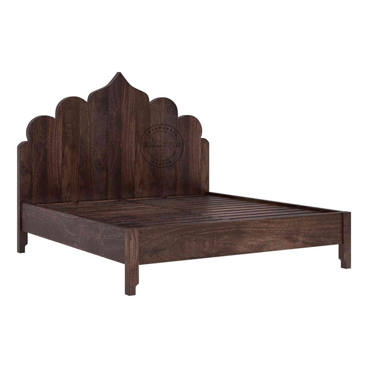 Side view of a king-size Brassico bed made of Sheesham wood with a walnut finish, in a white background.