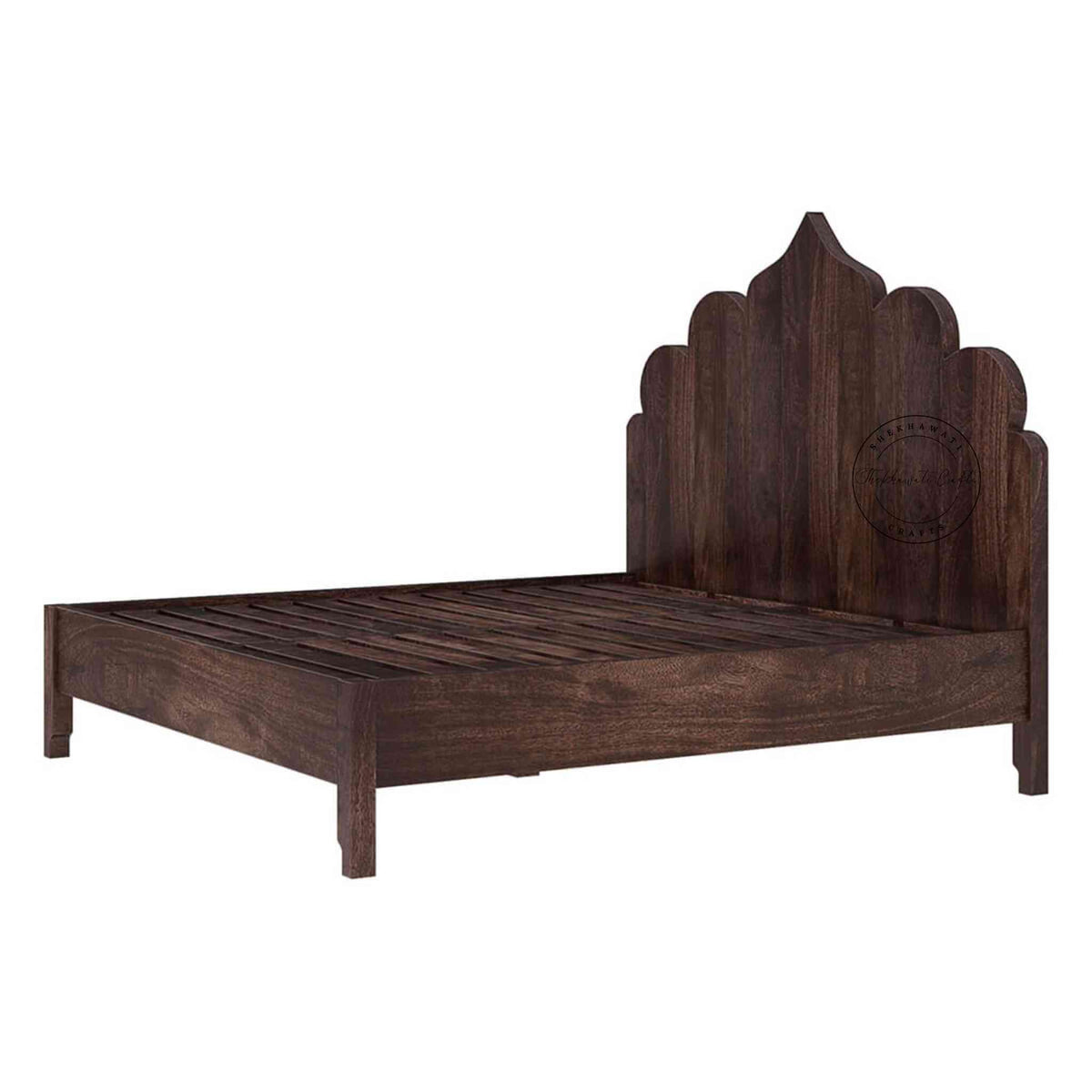 Side view of a king-size Brassico bed made of Sheesham wood with a walnut finish, in a white background.