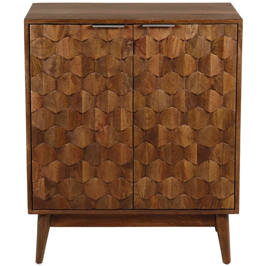 Butterfly Handmade Bar Cabinet made with mango wood, honey finish, 2-door bar cabinet, modern design, foldable legs, elegant for home bars.