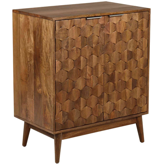 Butterfly Handmade Bar Cabinet made with mango wood, honey finish, 2-door bar cabinet, modern design, foldable legs, elegant for home bars.