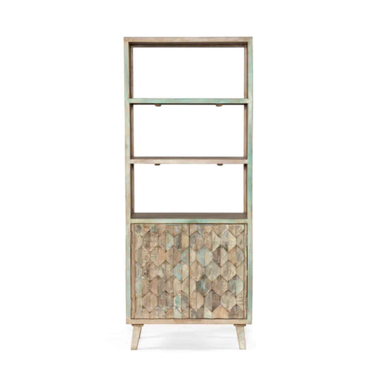 Butterfly Bookshelve handcrafted with mango wood, 3-section bookshelf with 2 doors.