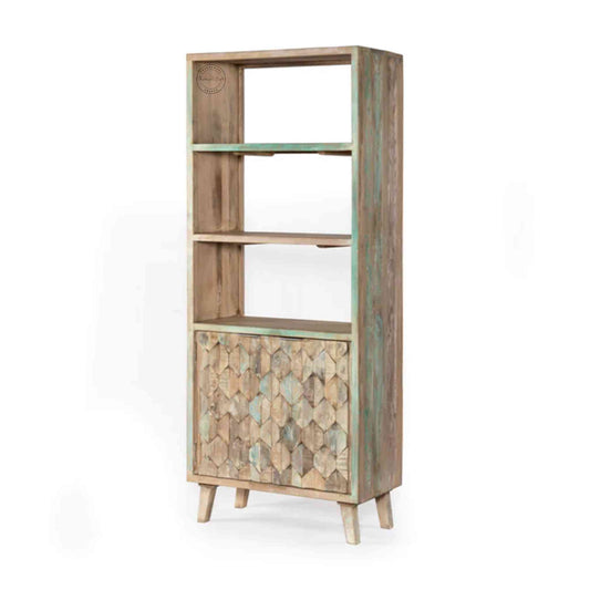 Butterfly Bookshelve handcrafted with mango wood, 3-section bookshelf with 2 doors.