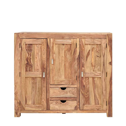 A rustic wooden sideboard cabinet with three doors and two drawers, crafted from natural acacia wood with visible grain patterns and small silver metal handles.