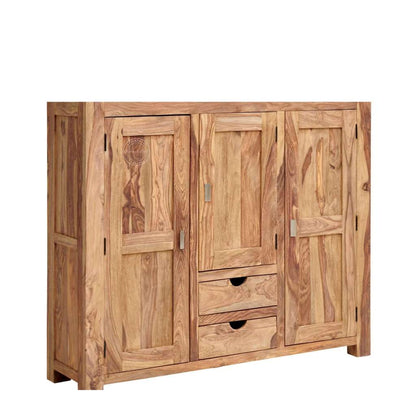 A rustic wooden sideboard cabinet with three doors and two drawers, crafted from natural acacia wood with visible grain patterns and small silver metal handles.