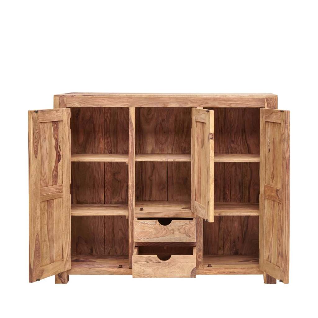 A wooden side cabinet with two doors open, showing three open shelves on each side and two small drawers at the bottom center. The cabinet is made of sheesham wood with a natural finish.