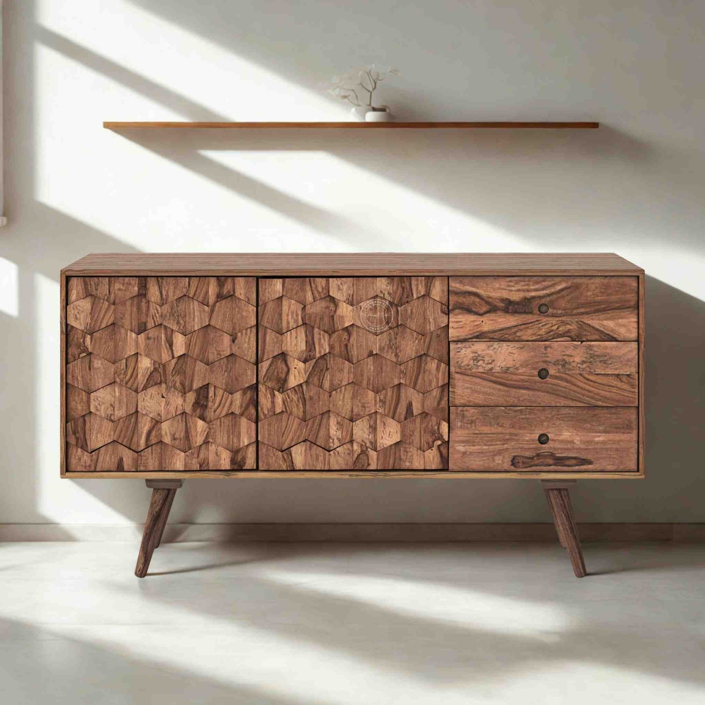 Casa sideboard is handcrafted from sheesham wood with a natural finish, 2 doors and 3 drawers.