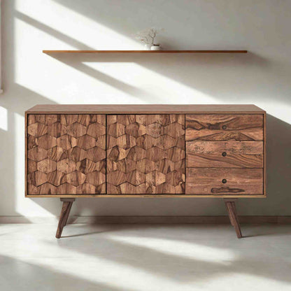 Casa sideboard is handcrafted from sheesham wood with a natural finish, 2 doors and 3 drawers.