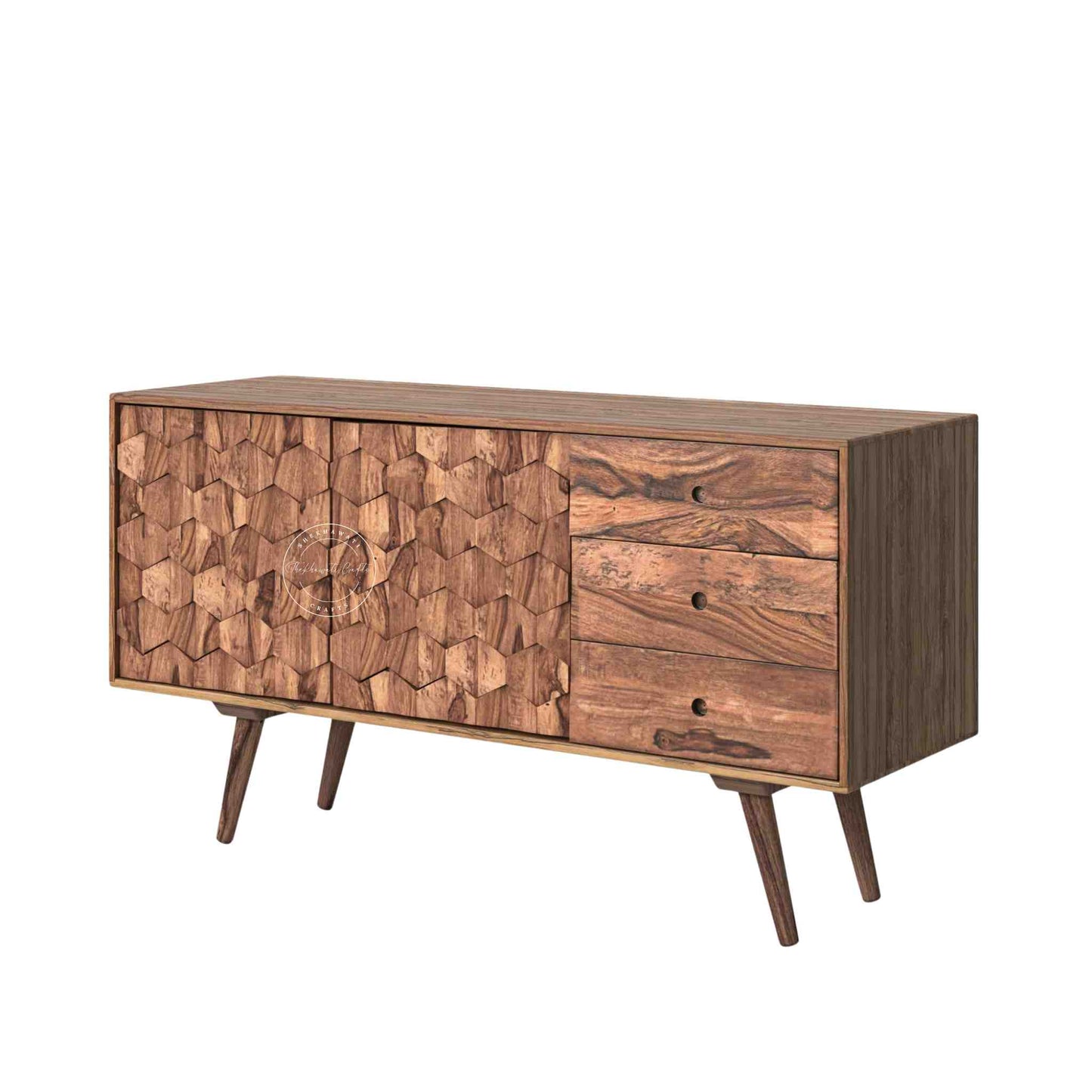 Casa sideboard is handcrafted from sheesham wood with a natural finish, 2 doors and 3 drawers.