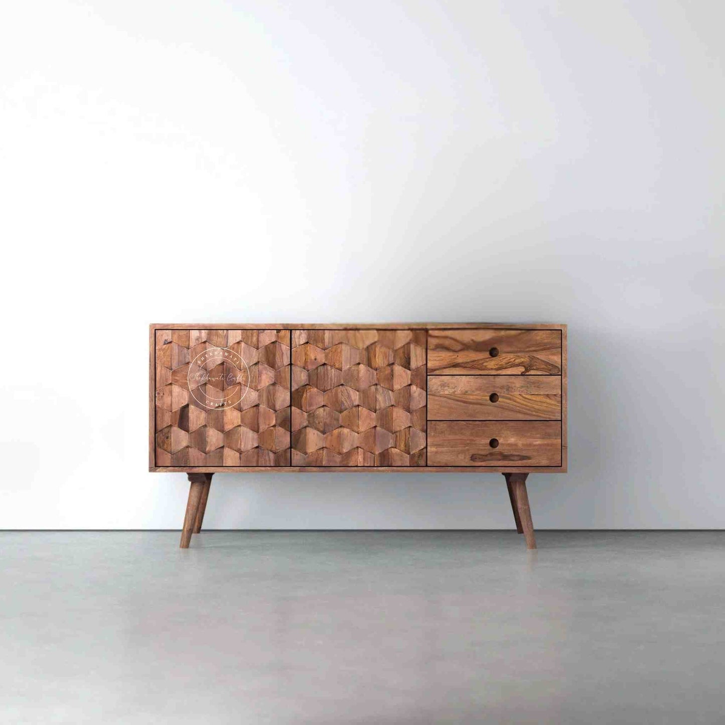 Casa sideboard is handcrafted from sheesham wood with a natural finish, 2 doors and 3 drawers.