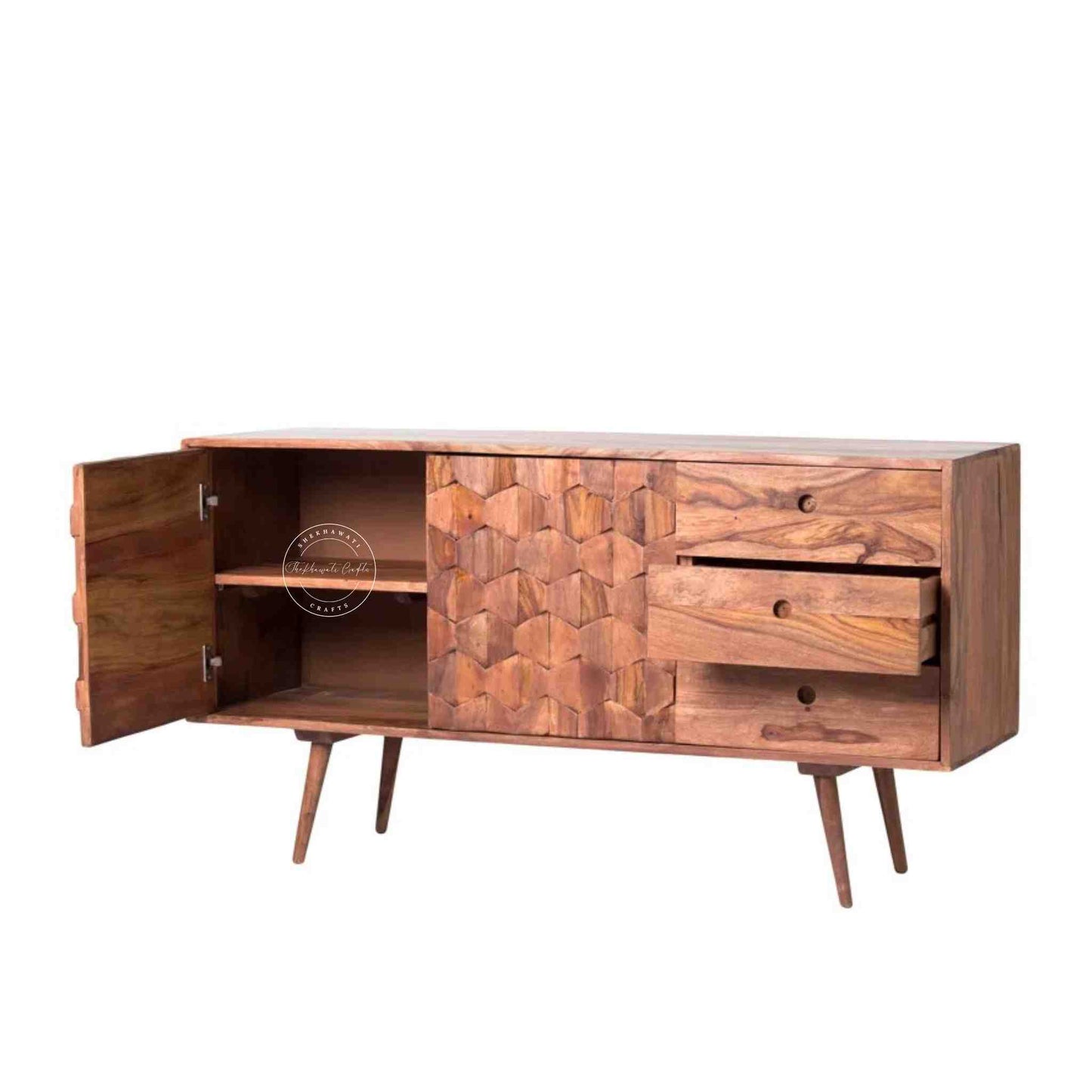 Casa sideboard is handcrafted from sheesham wood with a natural finish, 2 doors and 3 drawers.