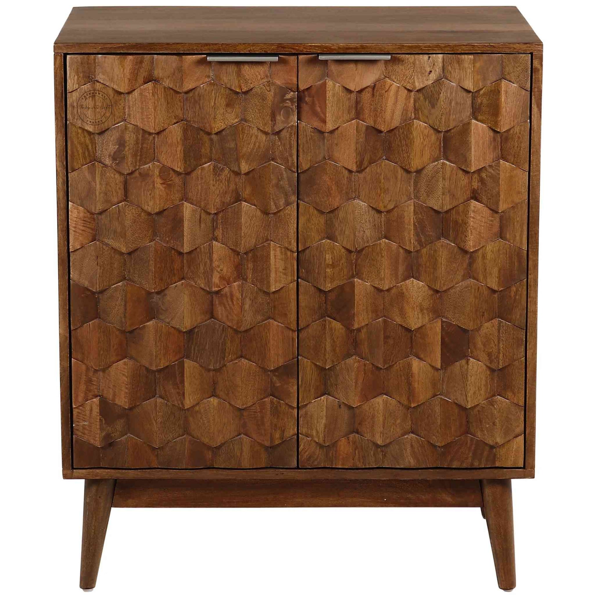Casa Bar Cabinet made with mango wood, honey finish, 2-door bar cabinet, modern design, foldable legs, elegant for home bars.