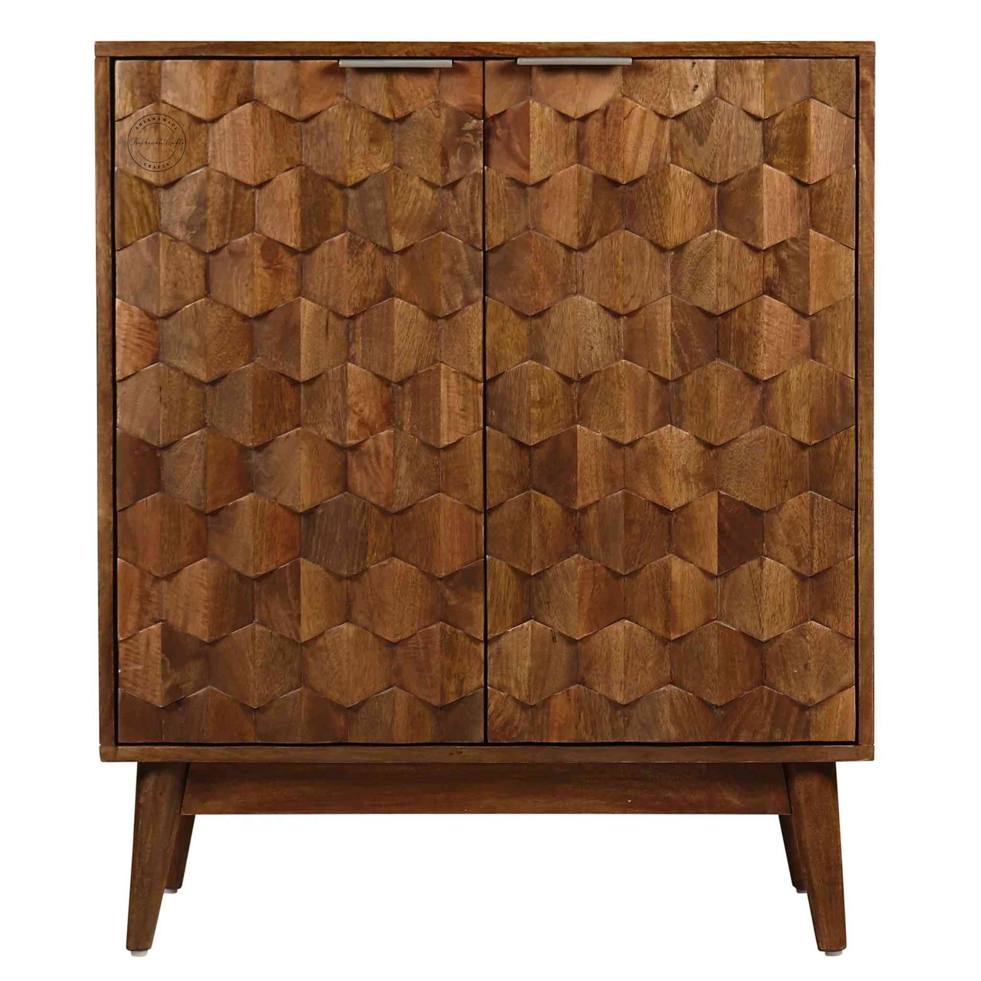 Casa Bar Cabinet made with mango wood, honey finish, 2-door bar cabinet, modern design, foldable legs, elegant for home bars.