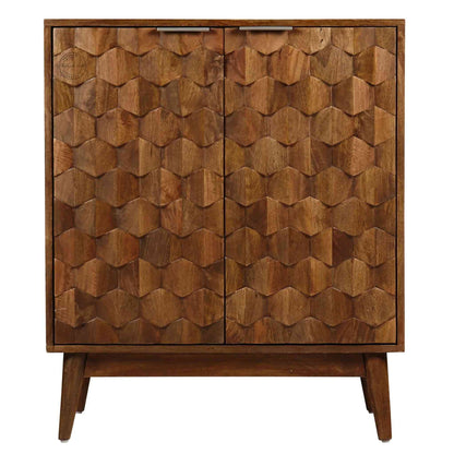 Casa Bar Cabinet made with mango wood, honey finish, 2-door bar cabinet, modern design, foldable legs, elegant for home bars.
