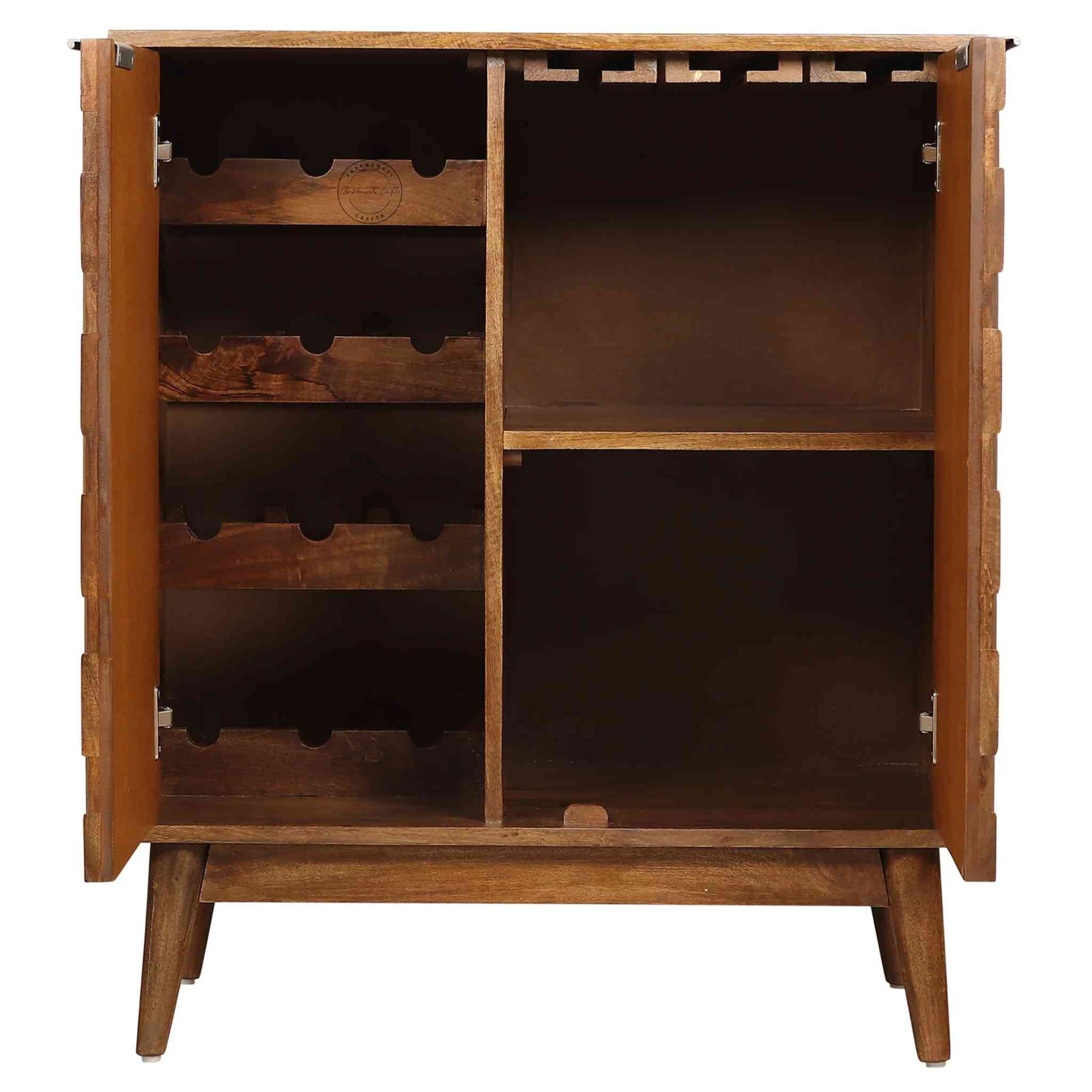 Casa Bar Cabinet made with mango wood, honey finish, 2-door bar cabinet, modern design, foldable legs, elegant for home bars.