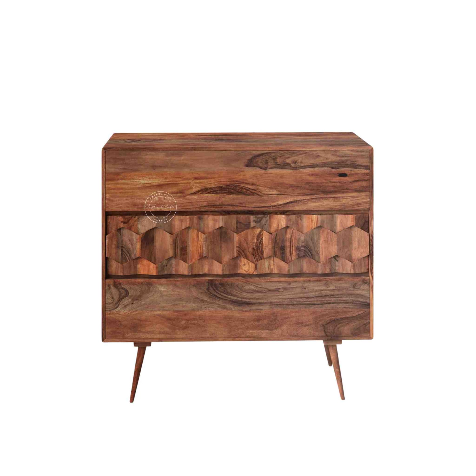 casa cabinet is handcrafted from sheesham wood and natural finish with 3 storage drawers.