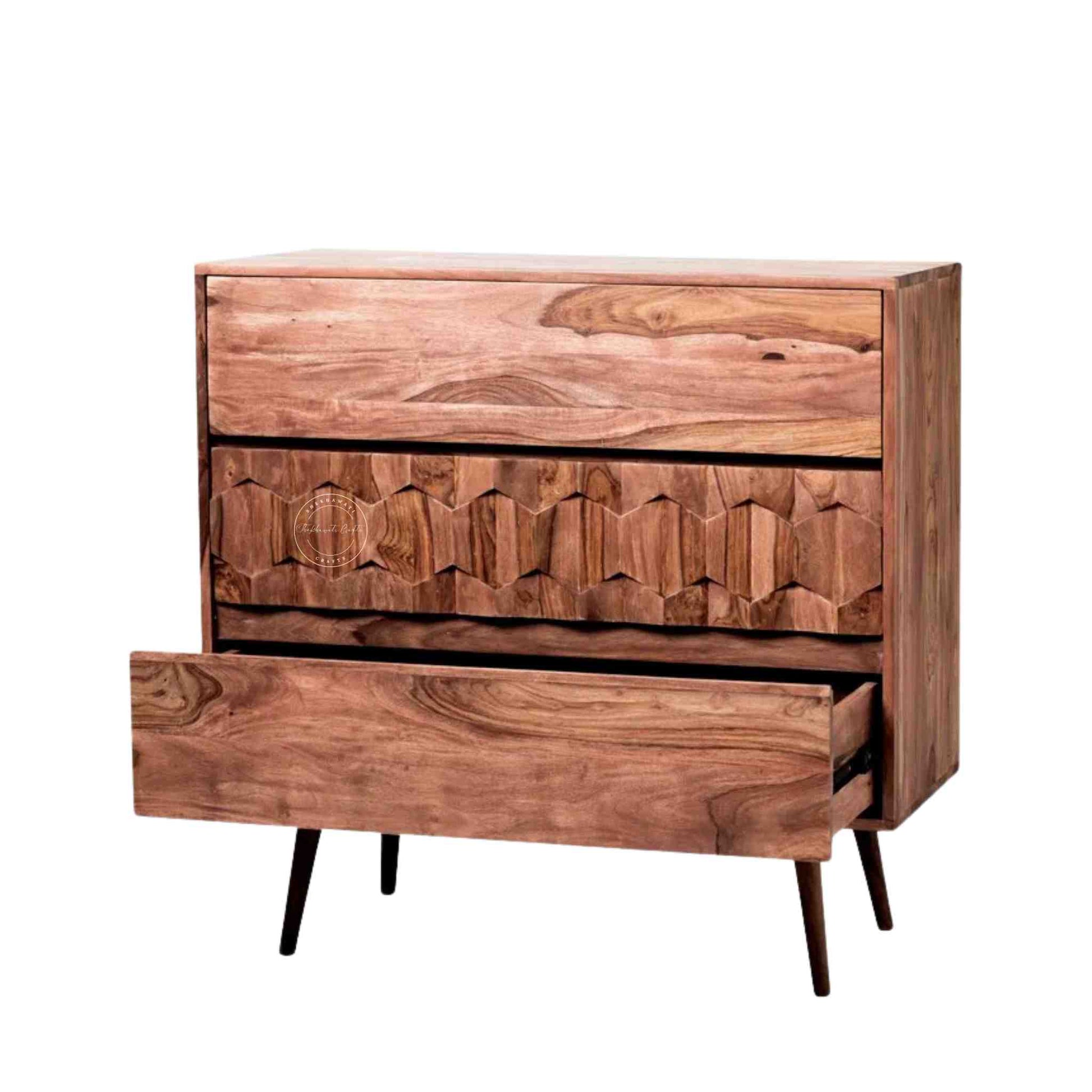 casa cabinet is handcrafted from sheesham wood and natural finish with 3 storage drawers.