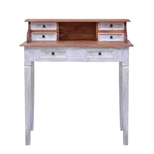 handcrafted Cleo Mango Wood Study Table with 6 drawers, rustic white finish and foldable legs.