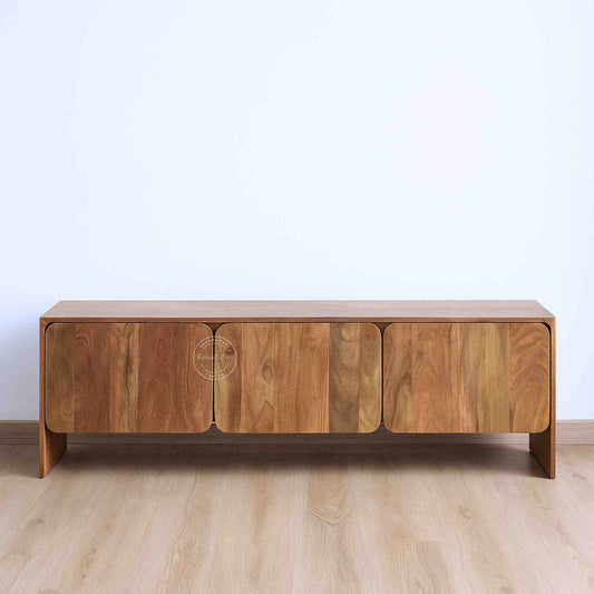 handmade Cove Solid Wood Media Cabinet is made from mango wood and a natural finish with 3 doors.