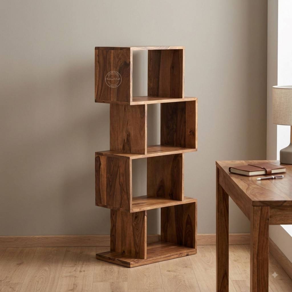 A four-tier wooden cube bookshelf with a warm medium-brown finish and visible wood grain, styled in a minimalist room next to a wooden table.