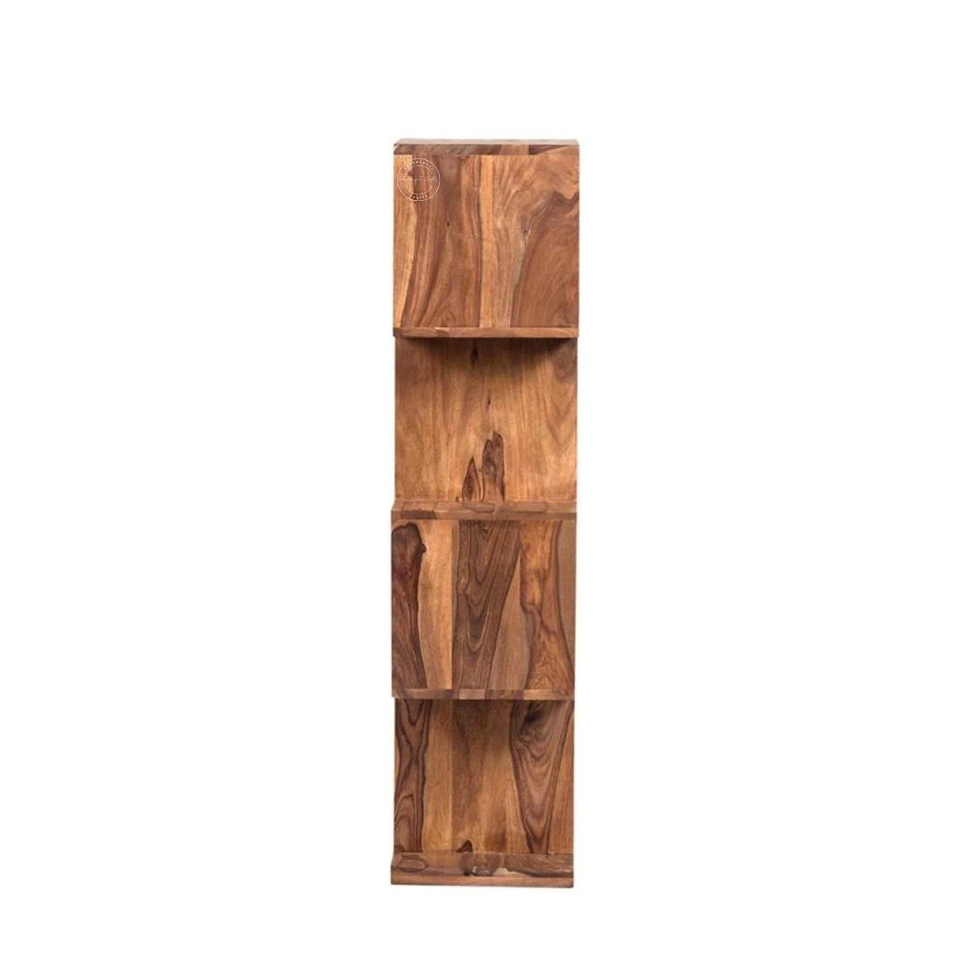 A tall, narrow wooden shelving unit with four open cubby compartments, made from warm medium-brown wood with prominent grain patterns.