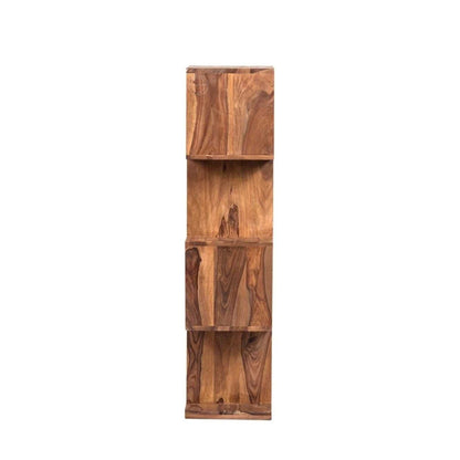 A tall, narrow wooden shelving unit with four open cubby compartments, made from warm medium-brown wood with prominent grain patterns.