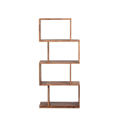 A four-tier wooden shelving unit with a rustic, weathered finish, shown against a plain white background.
