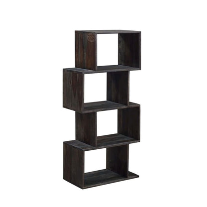 A dark brown wooden bookshelf, open cube shelving unit with four staggered tiers is shown on a plain white background.