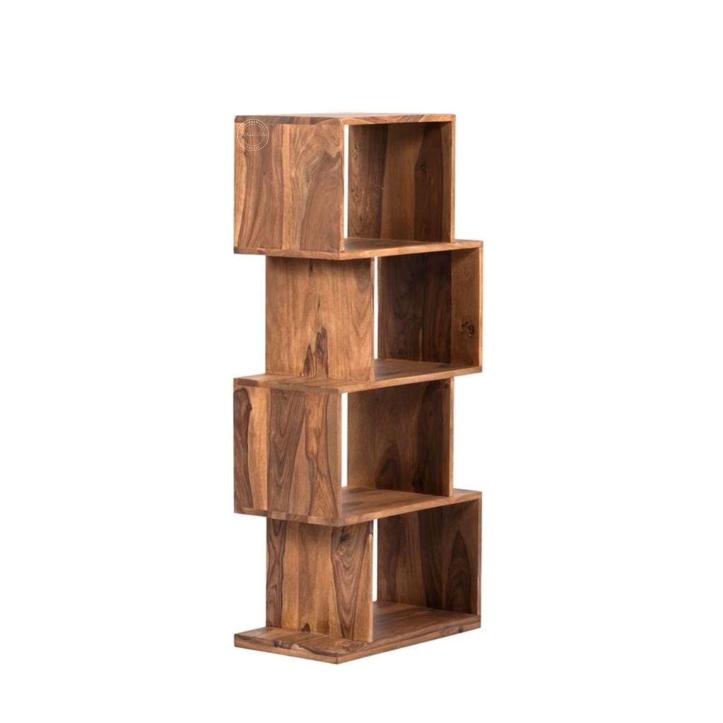 A modern, four-shelf wooden bookshelf with a staggered, geometric design, featuring four nested open cubicles in a warm medium-brown wood finish.