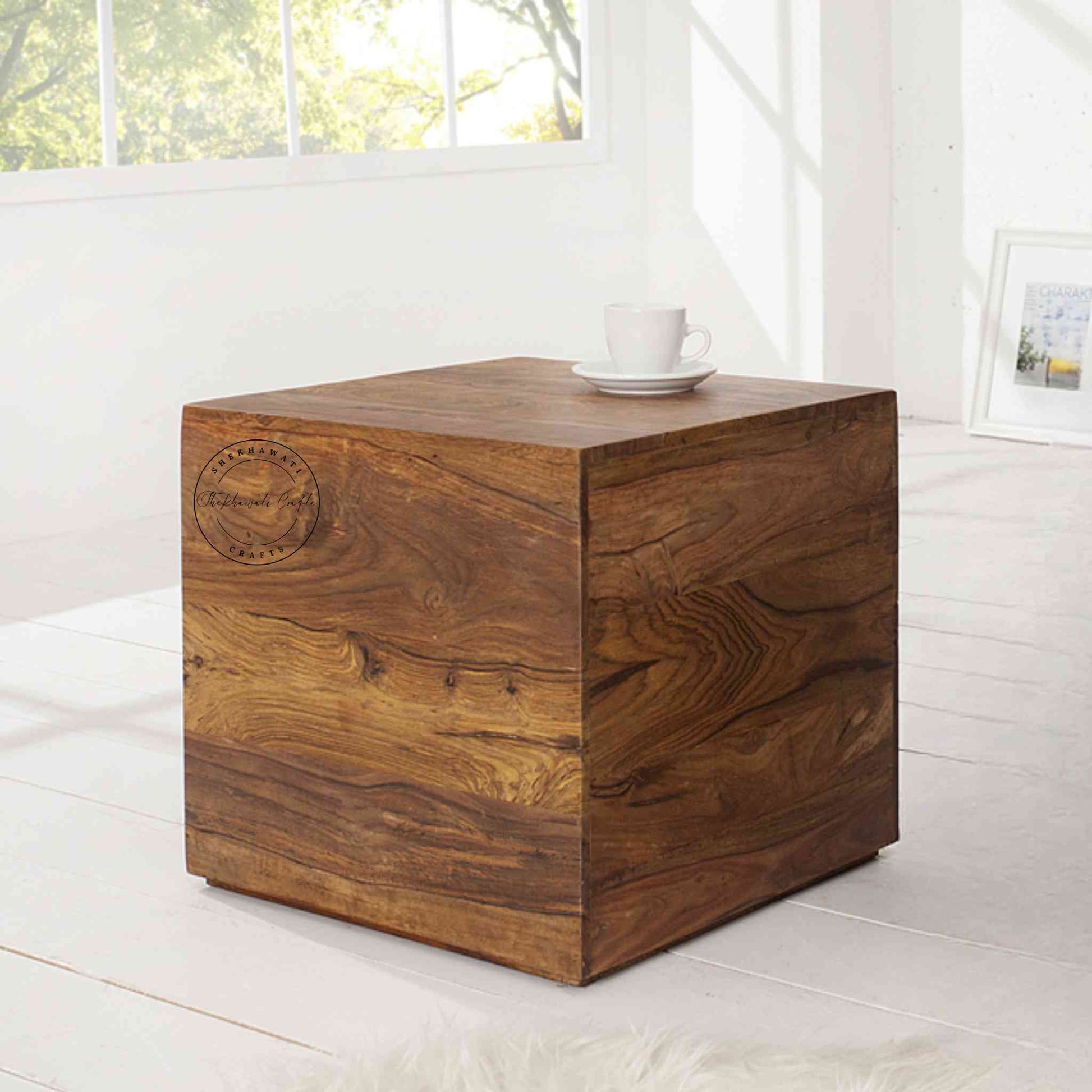 Cube End Table made with Sheesham wood, honey finish, modern design, compact and versatile.