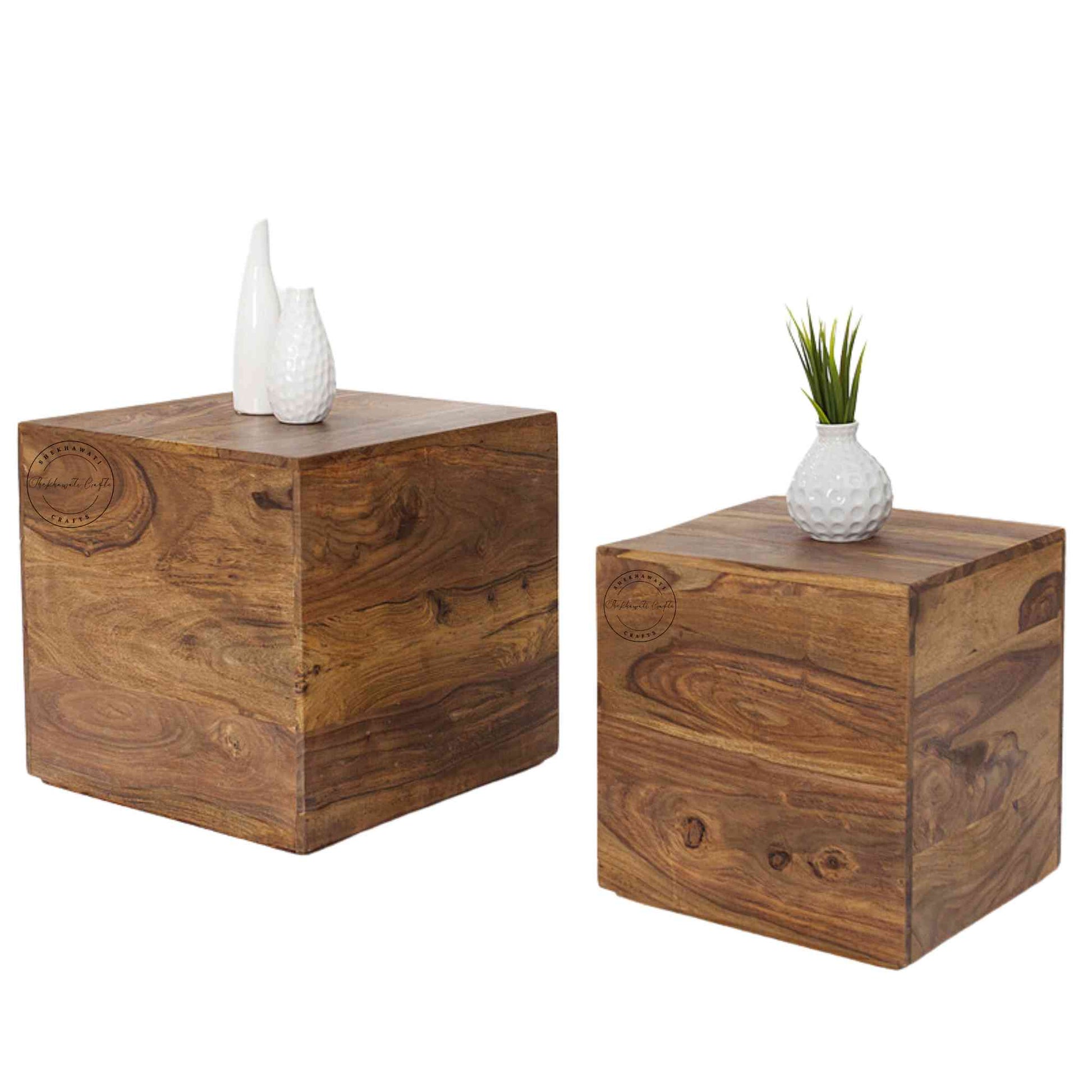 Cube End Table made with Sheesham wood, honey finish, modern design, compact and versatile.