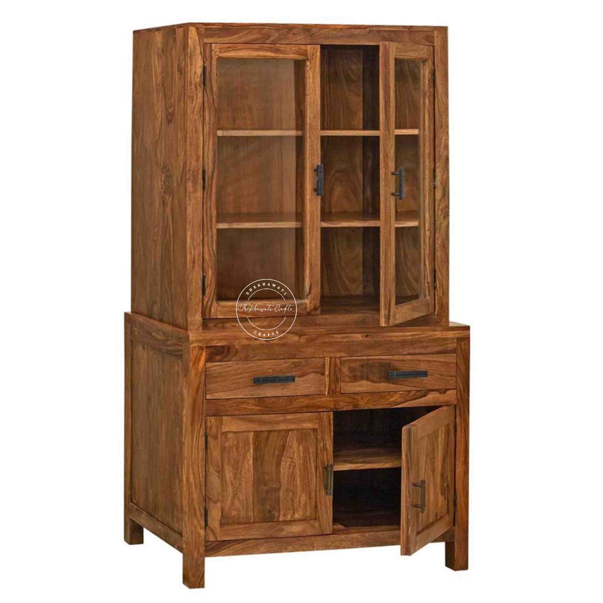 Darshini Crockery Cabinet is handcrafted with solid Sheesham wood, natural finish, mirrored doors, spacious drawers and foldable compartments.