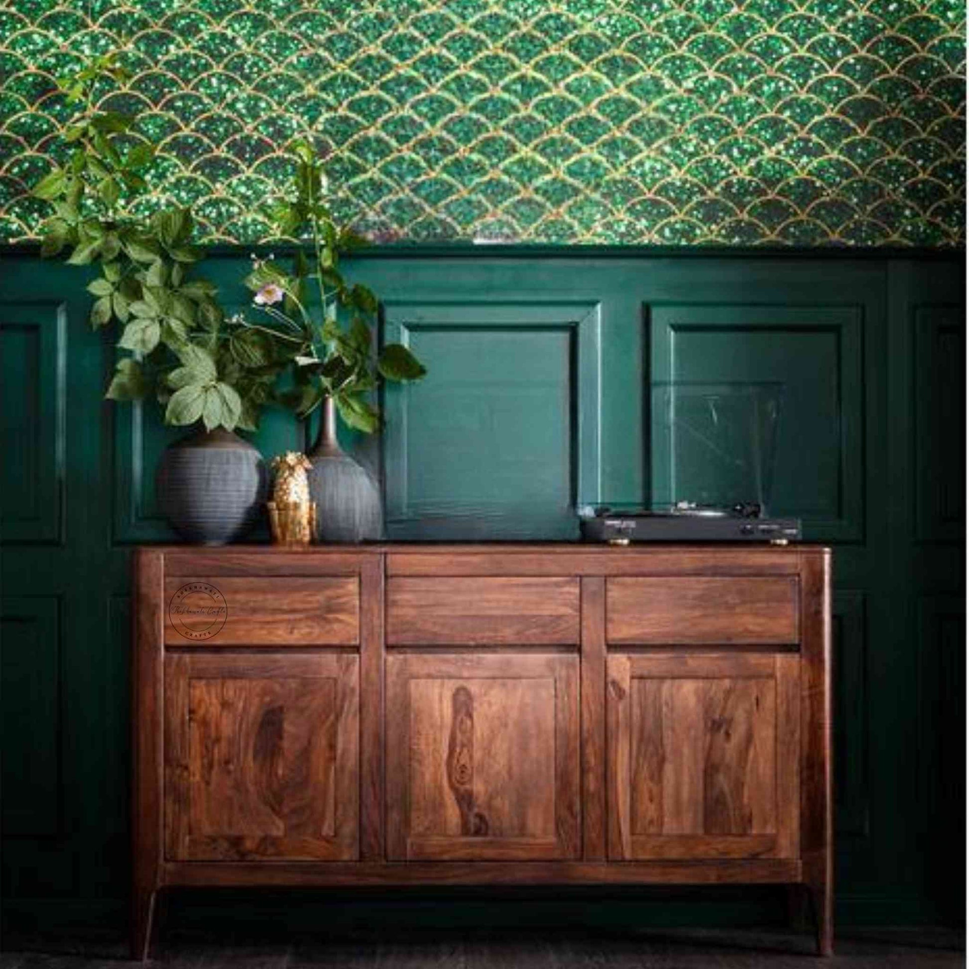 Devi Sideboard is handcrafted with Sheesham wood, carved edge design, 3 drawers and 3 doors.