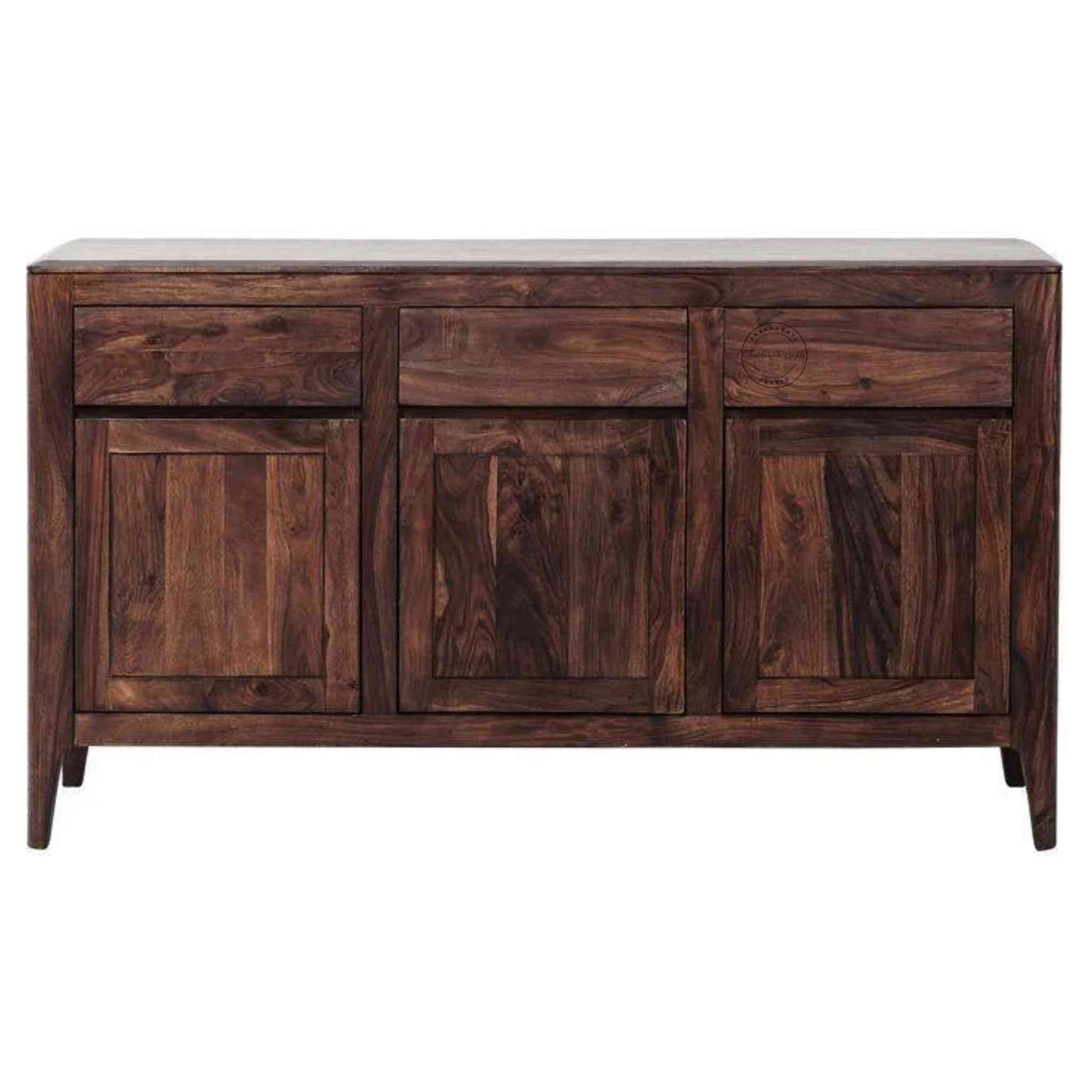 Devi Sideboard is handcrafted with Sheesham wood, carved edge design, 3 drawers and 3 doors.