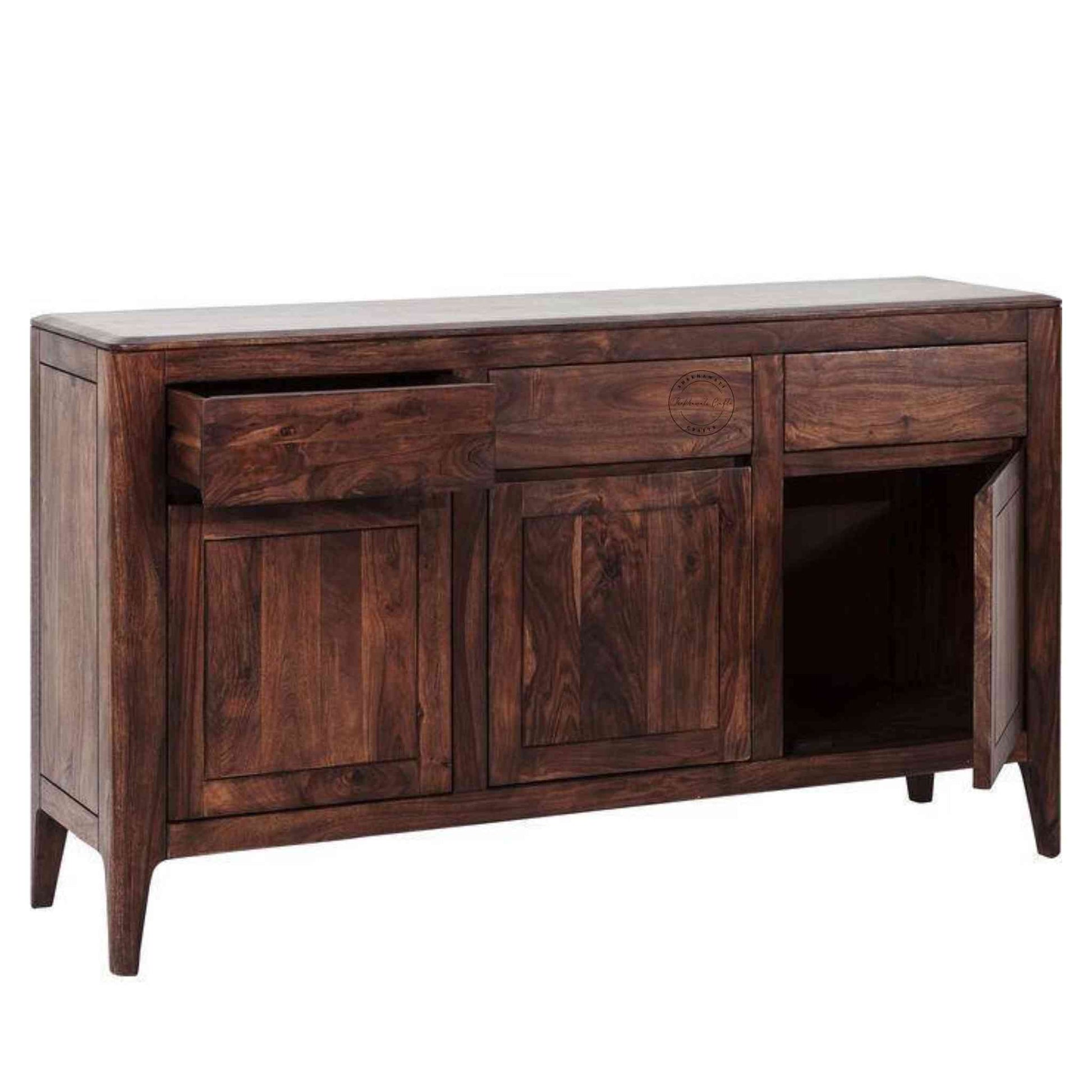 Devi Sideboard is handcrafted with Sheesham wood, carved edge design, 3 drawers and 3 doors.
