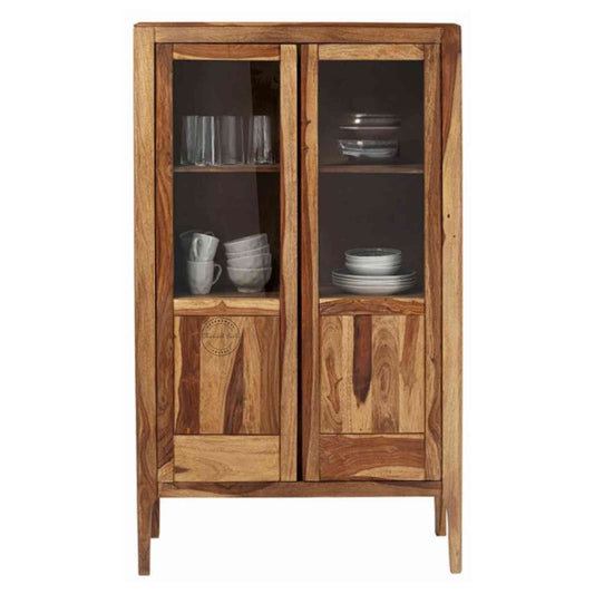 Dove Crockery Cabinet with solid Sheesham wood, natural wood finish, adjustable shelves, Sheesham wood panel doors, modern kitchen furniture
