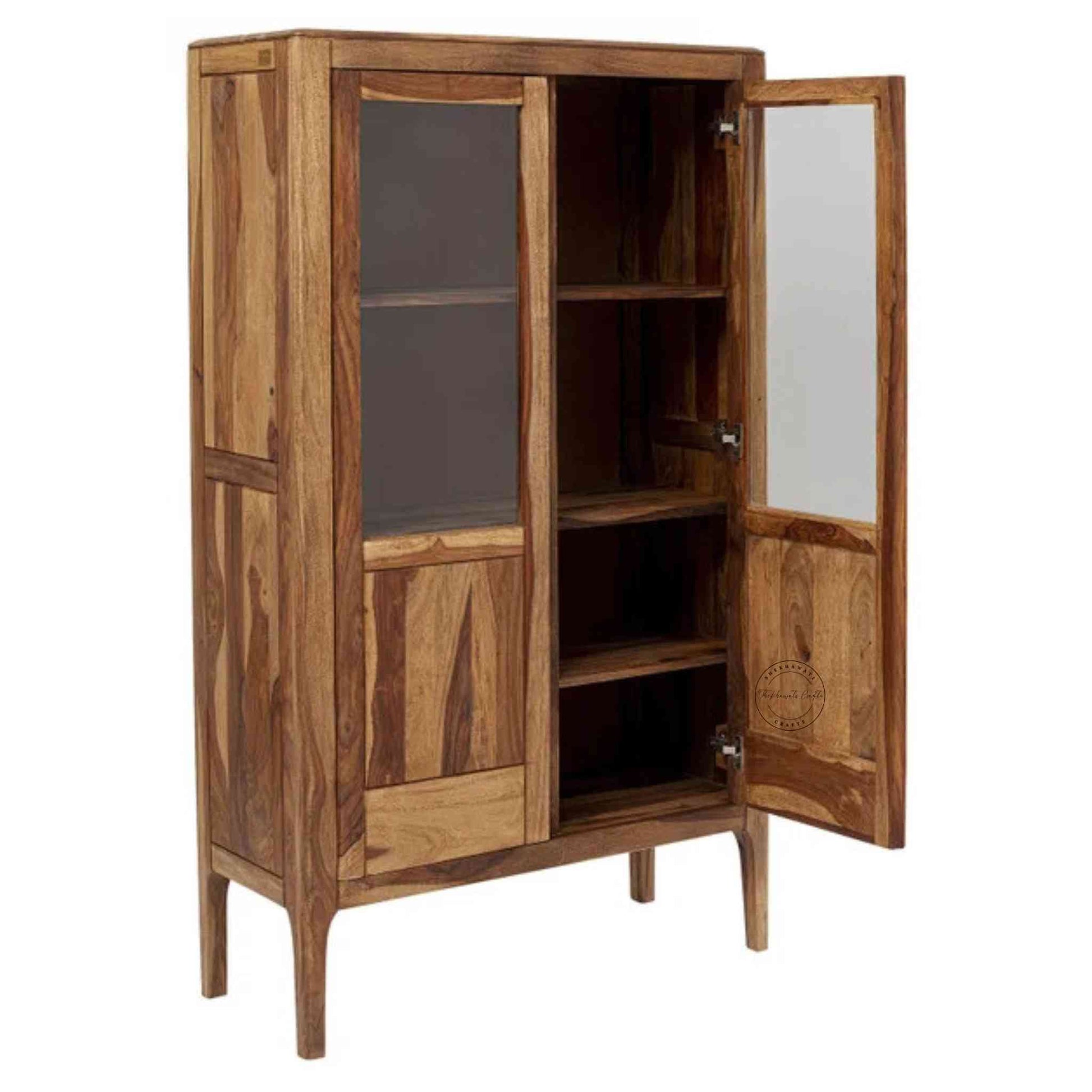 Dove Crockery Cabinet with solid Sheesham wood, natural wood finish, adjustable shelves, Sheesham wood panel doors, modern kitchen furniture