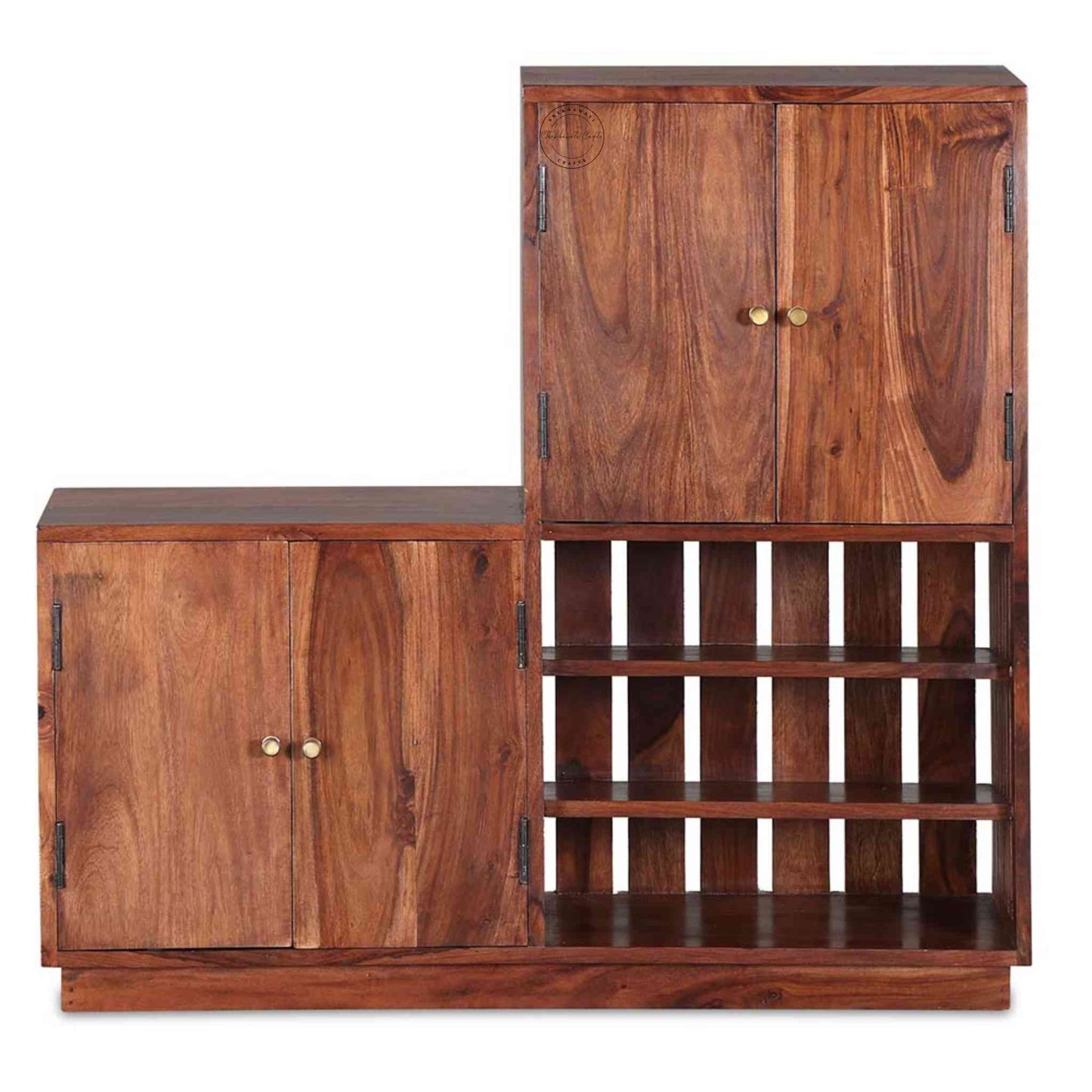 Dublin Shoe Rack is crafted from  Sheesham wood, featuring 4 doors with brass handles and a honey finish.
