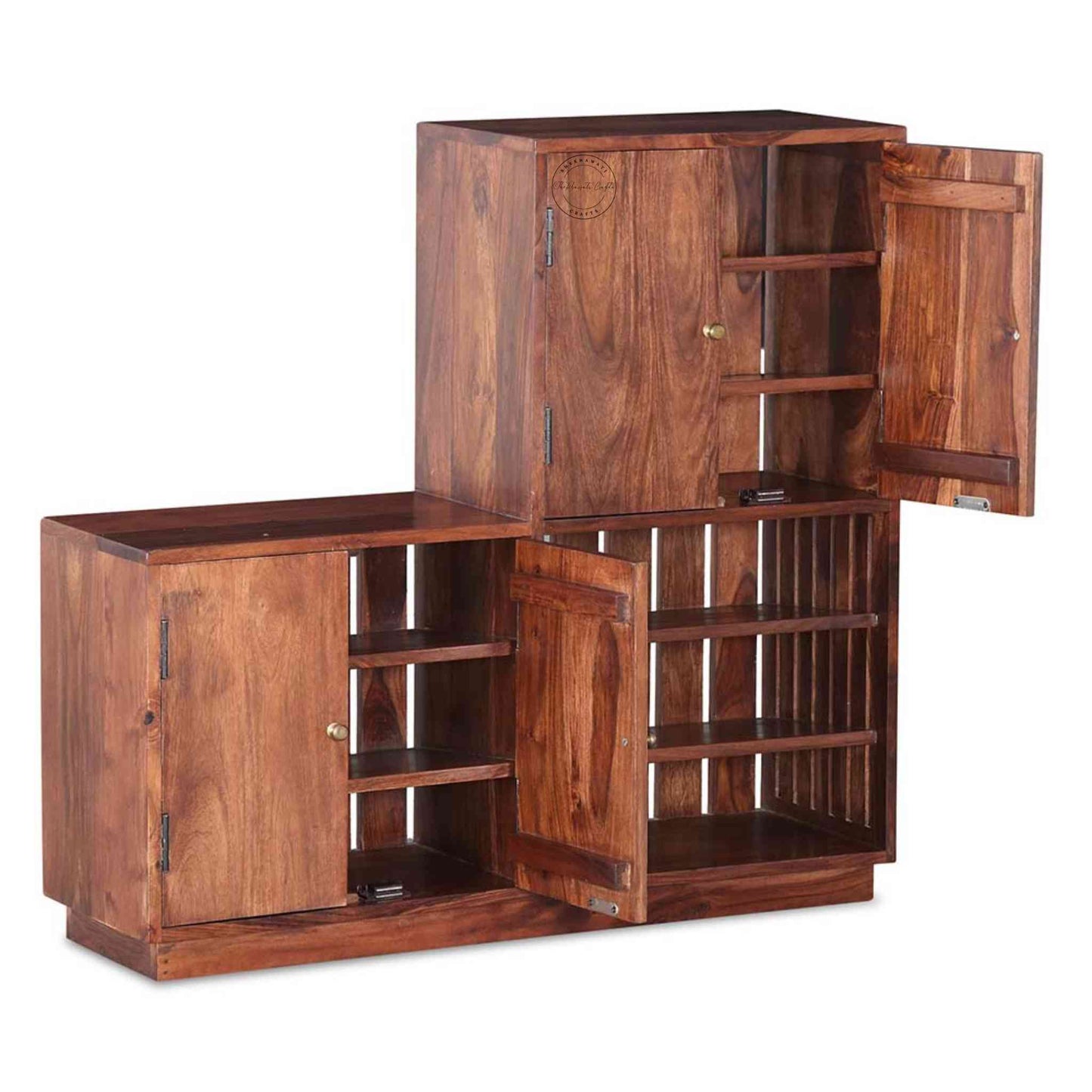 Dublin Shoe Rack is crafted from  Sheesham wood, featuring 4 doors with brass handles and a honey finish.