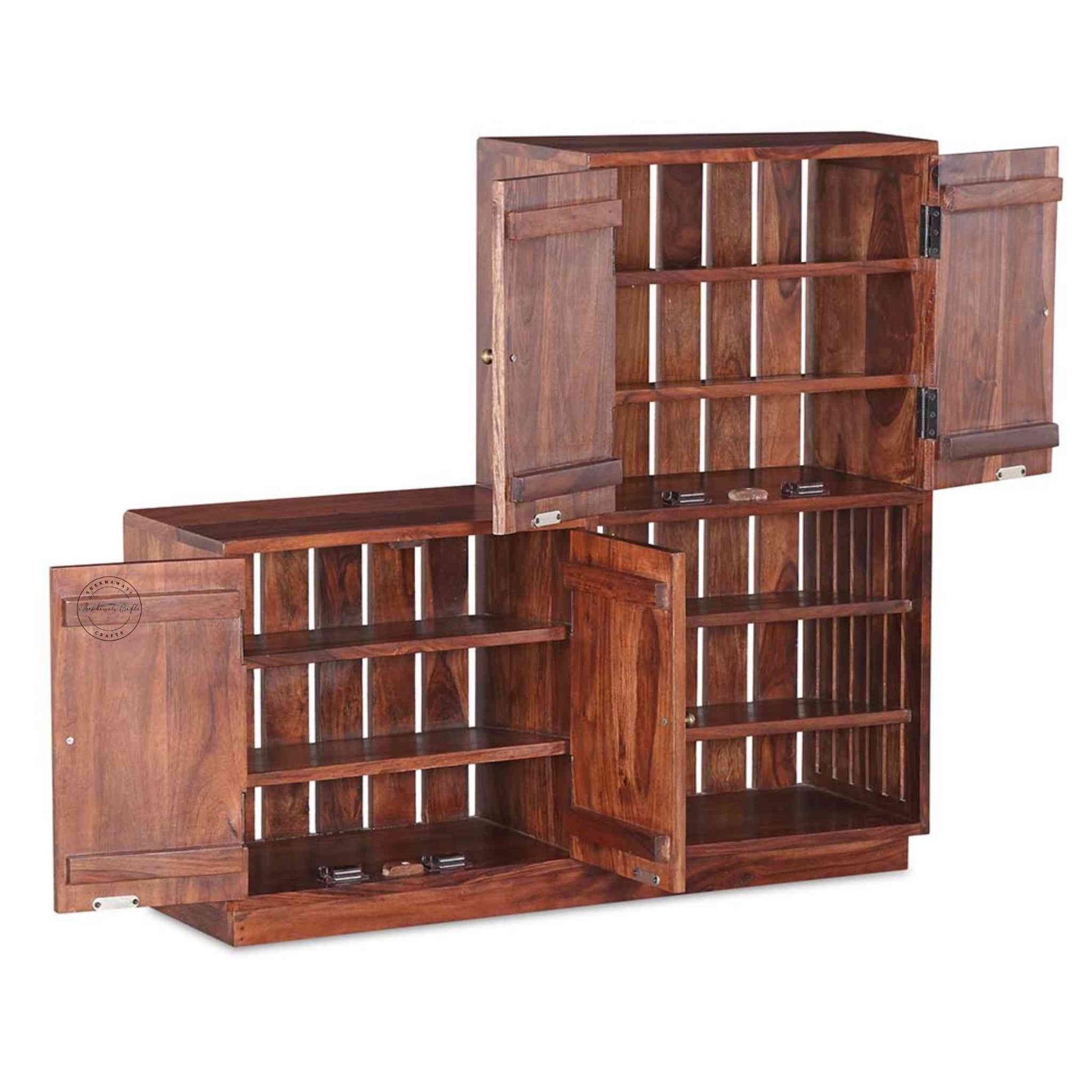 Dublin Shoe Rack is crafted from  Sheesham wood, featuring 4 doors with brass handles and a honey finish.