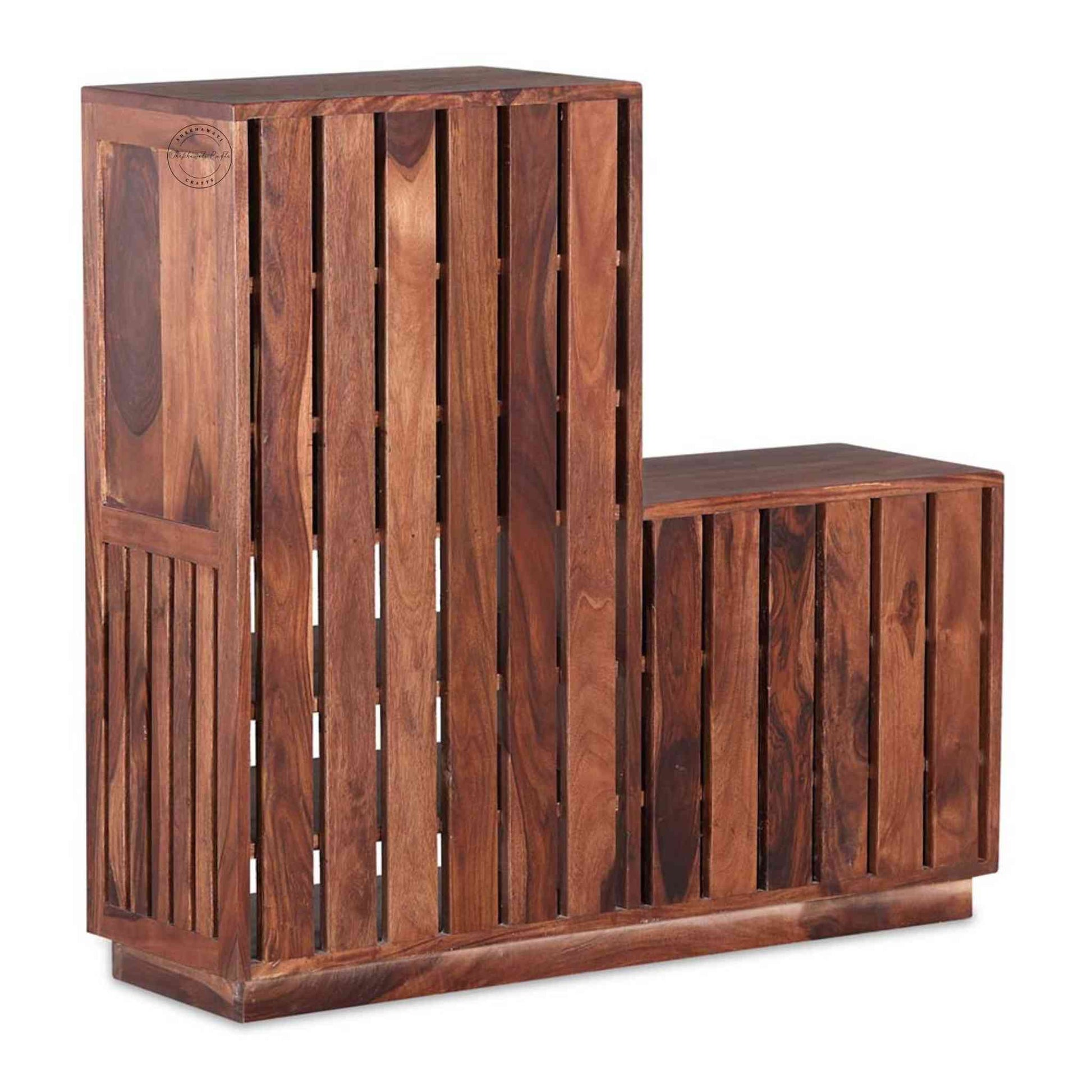 Dublin Shoe Rack is crafted from  Sheesham wood, featuring 4 doors with brass handles and a honey finish.