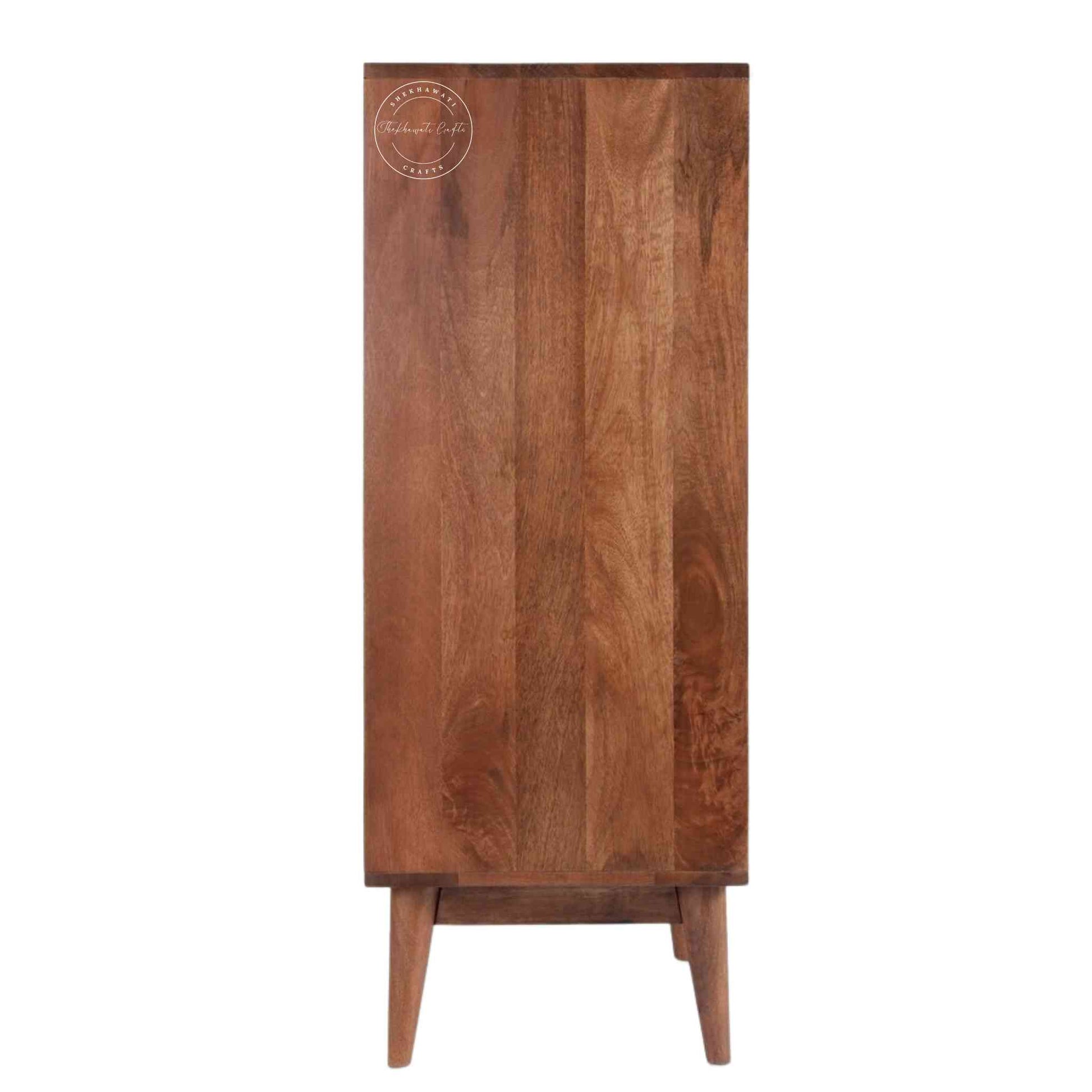 Eddy Chest of Drawer crafted from Mango wood with a natural finish, offering 3 drawers, an open shelf, and detachable legs for easy portability and termite-free durability.