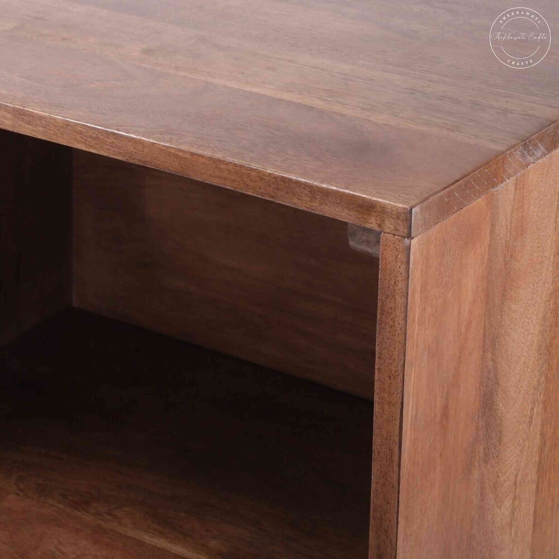 Eddy Chest of Drawer crafted from Mango wood with a natural finish, offering 3 drawers, an open shelf, and detachable legs for easy portability and termite-free durability.