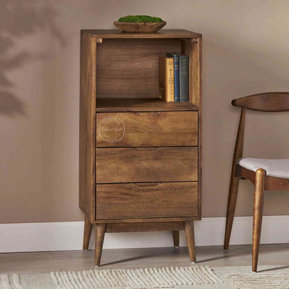 Eddy Chest of Drawer crafted from Mango wood with a natural finish, offering 3 drawers, an open shelf, and detachable legs for easy portability and termite-free durability.
