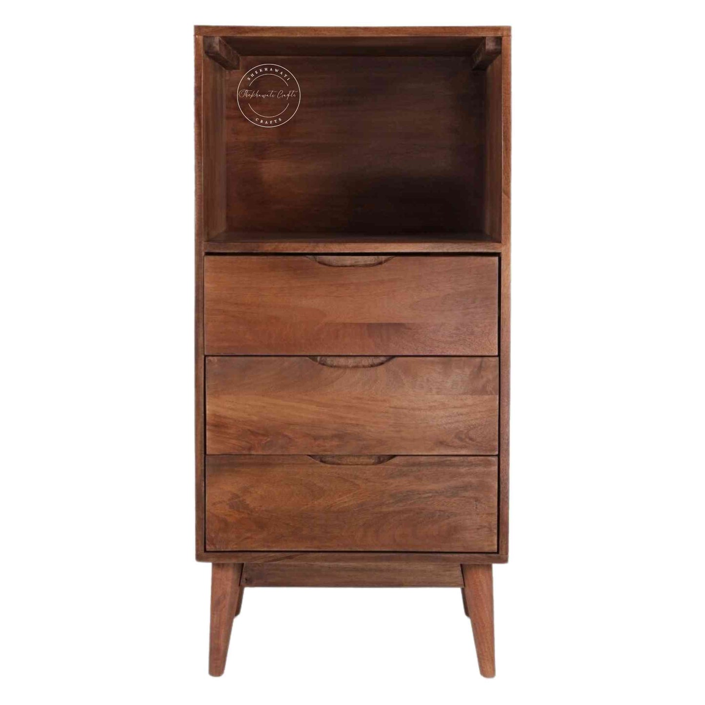 Eddy Chest of Drawer crafted from Mango wood with a natural finish, offering 3 drawers, an open shelf, and detachable legs for easy portability and termite-free durability.