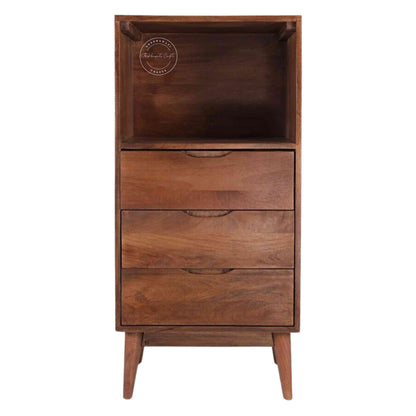 Eddy Chest of Drawer crafted from Mango wood with a natural finish, offering 3 drawers, an open shelf, and detachable legs for easy portability and termite-free durability.